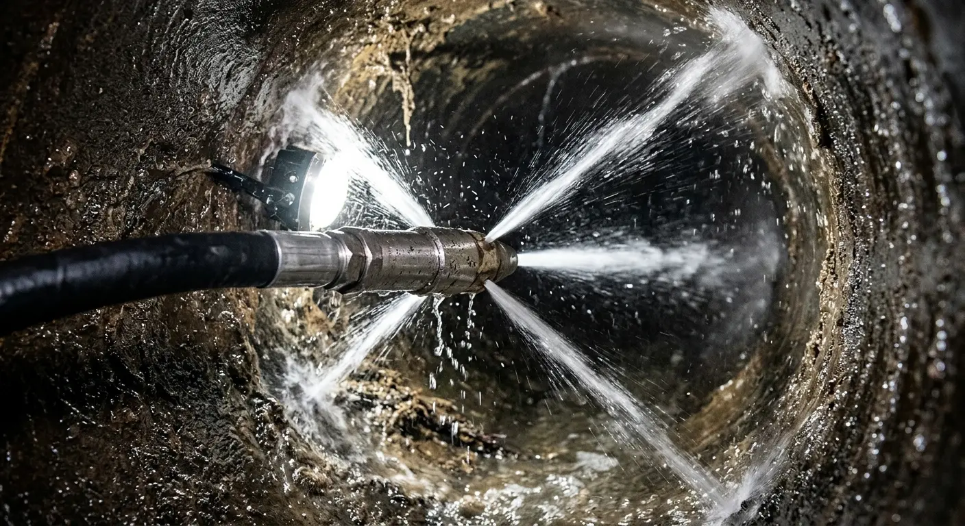 High-pressure hydro jetting nozzle cleaning sewer pipe for Sewer Cleanout in Northville