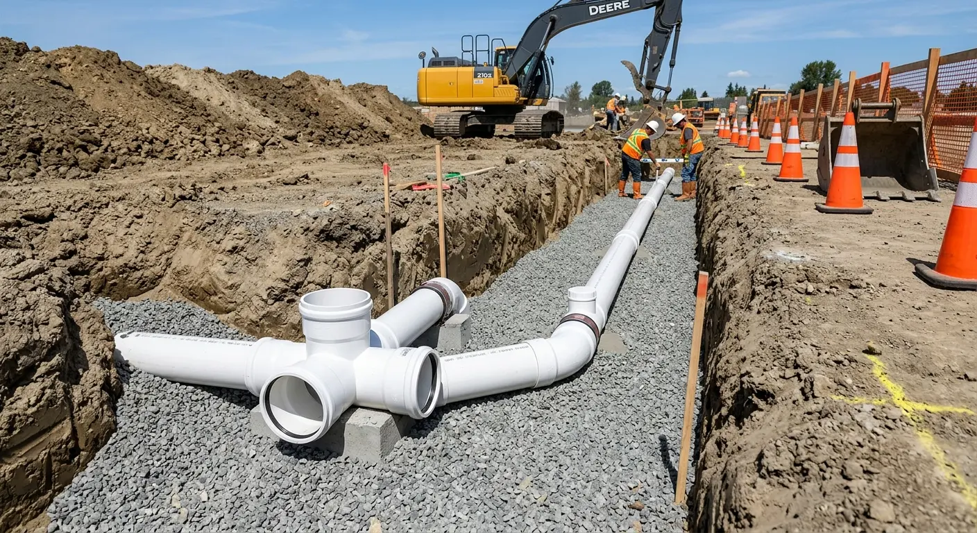 New PVC sewer pipe installation in open trench for Sewer Backup in Northville