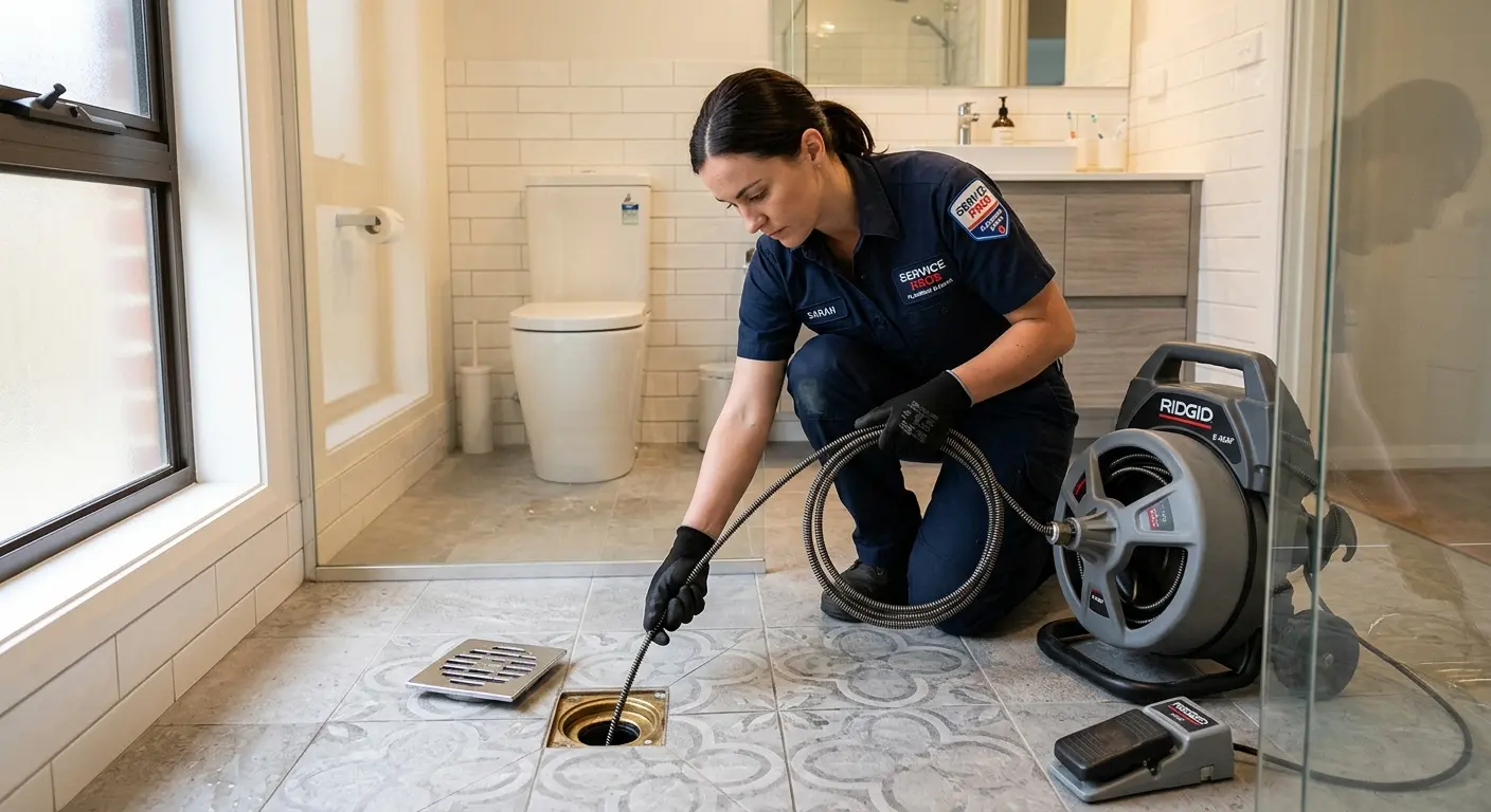 Technician clearing a bathroom floor drain for Drain Cleaning in Northville